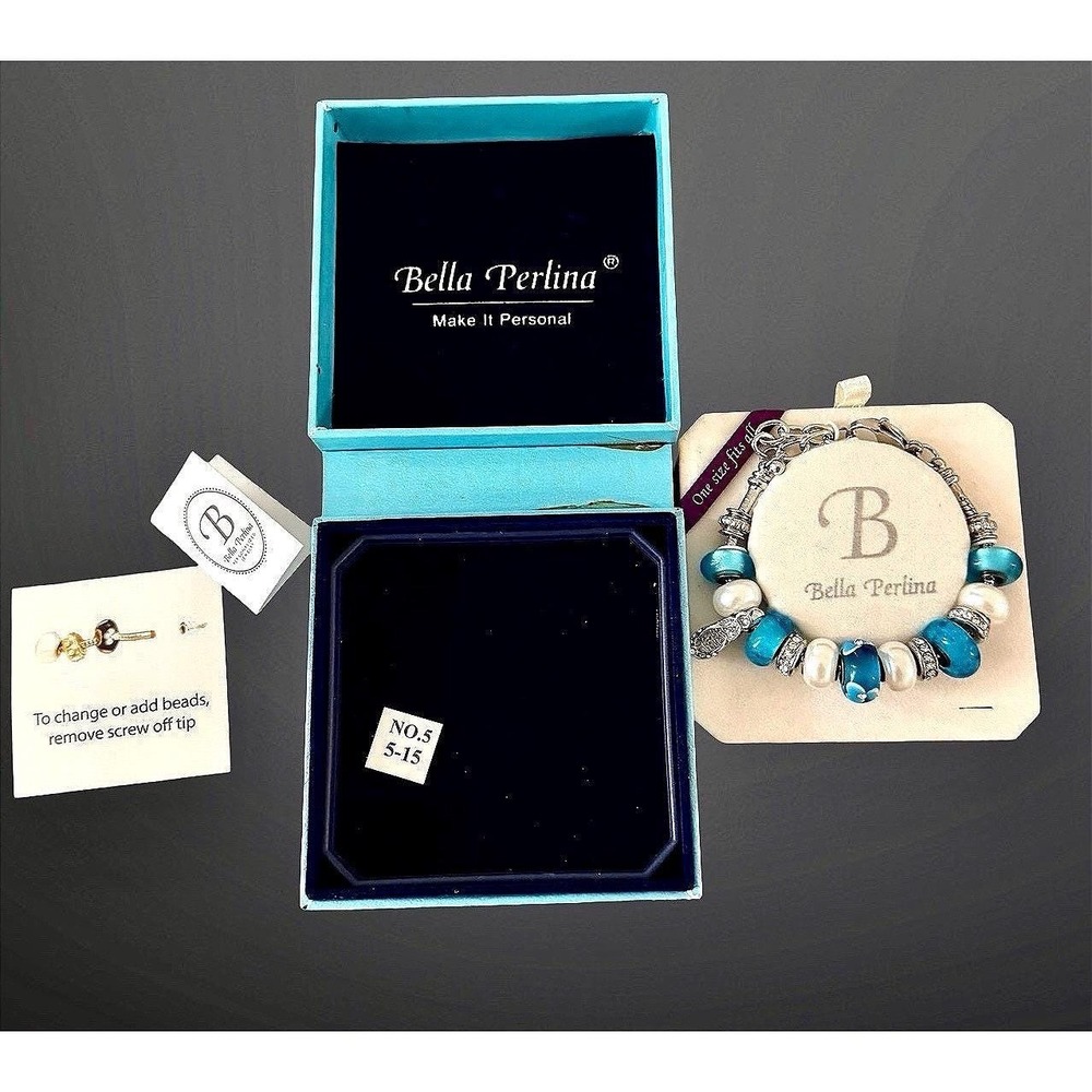 Bella Perlina Blue White Glass Bead Charm Bracelet Silver Tone NIB BP 16508
